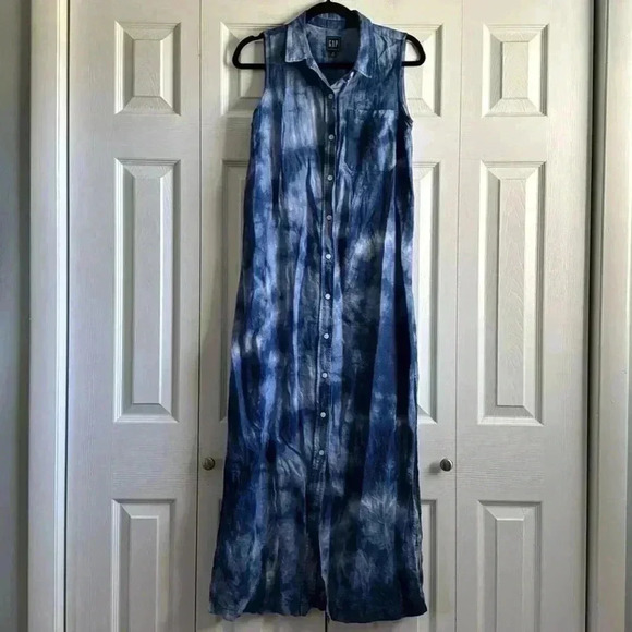 GAP | Blue Tie Dye | Linen Blend | Maxi Shirt Dress | size XS - Picture 2 of 6